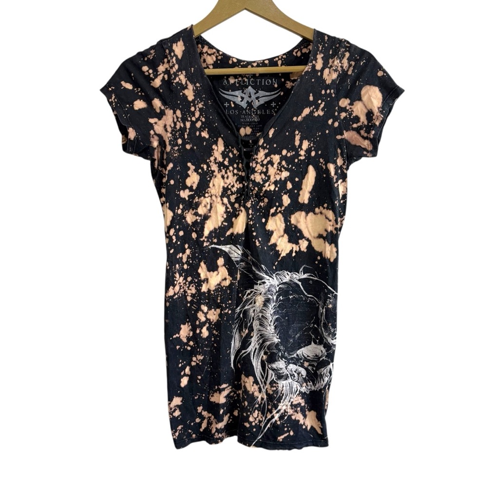 Affliction Women’s Large Black Tiedye Graphic Tunic Top Grunge Punk Alternative